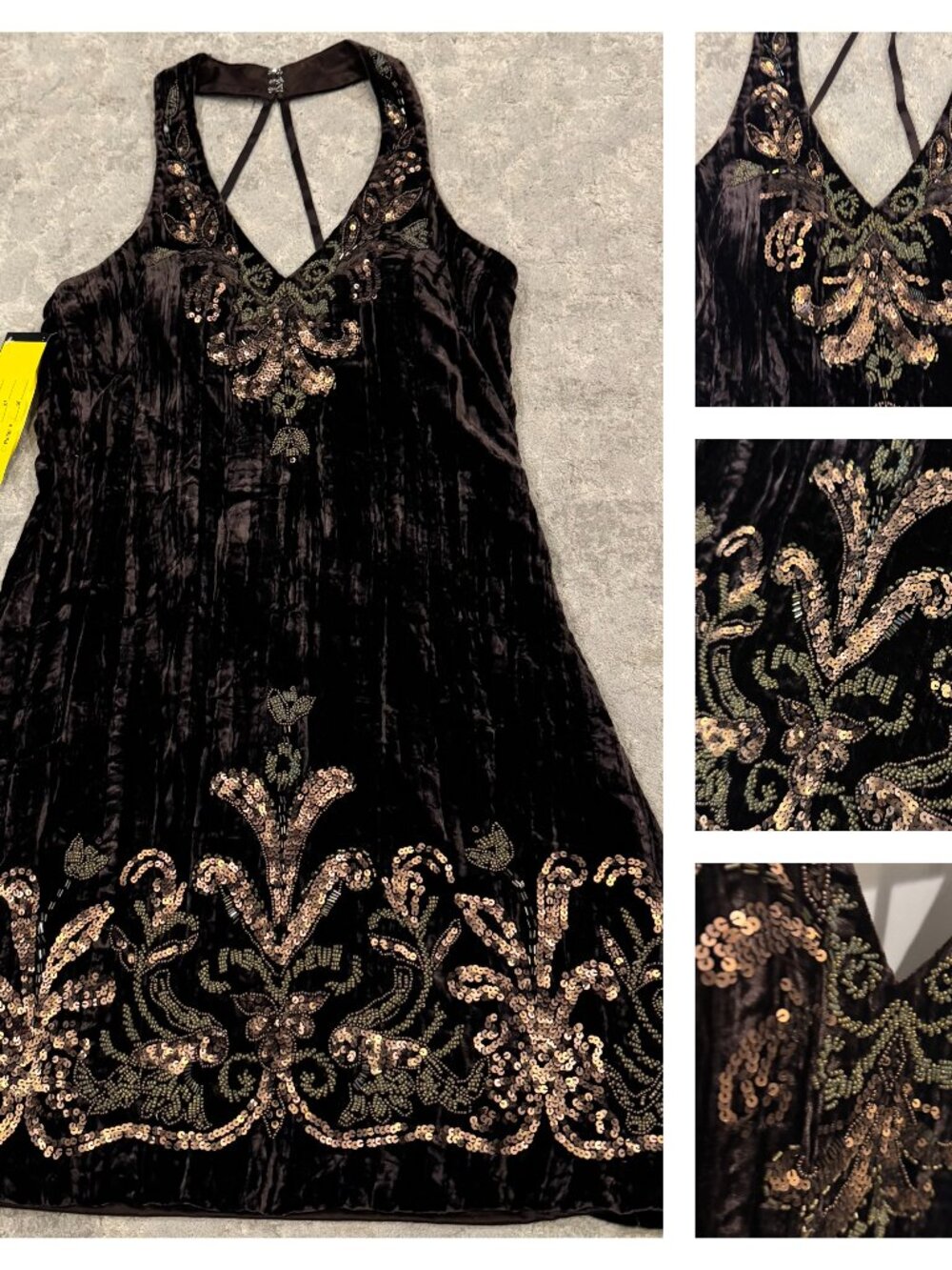 Sue Wong Silk Dress Chocolate Brown Coffee Copper SILK Velvet Beaded Sequins #38